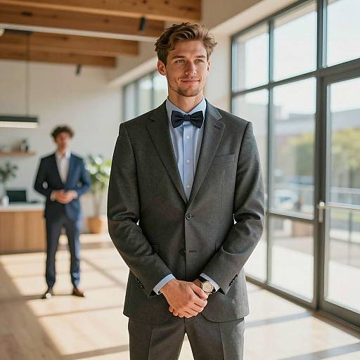 Man in Dark Gray Suit with Bow Tie in Modern Office