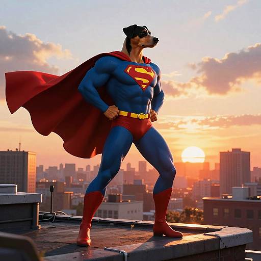 Dog in Superman Costume on Rooftop at Sunset