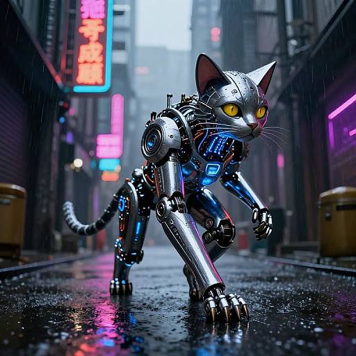 Cybernetic cat with glowing yellow eyes prowls a neon-lit, rain-soaked alley in a futuristic cityscape, illuminated by vibrant,