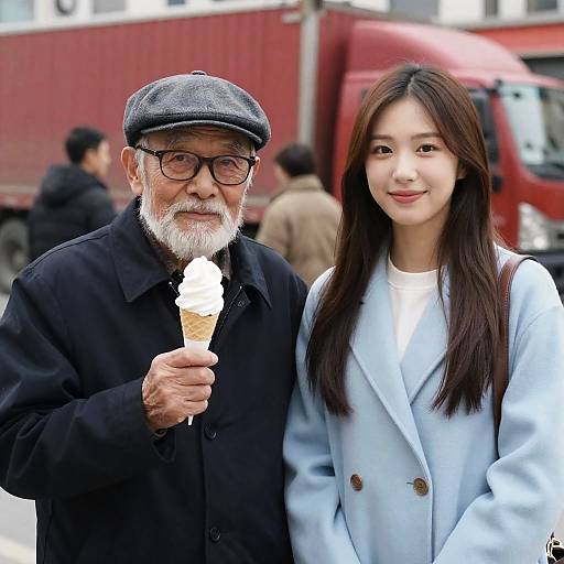 Elderly Man Holding Ice Cream with Young Woman Outdoors