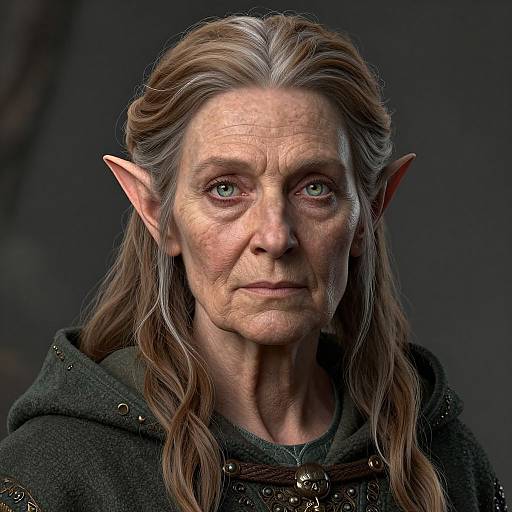 Photorealistic digital portrait of an elderly, wrinkled elf with long, gray-brown hair, pointed ears, green eyes, and dark cloak against