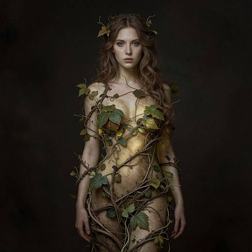 Photograph of a fair-skinned woman with long brown hair, wearing a golden, nude-like body suit, adorned with green and yellow leaves and vines