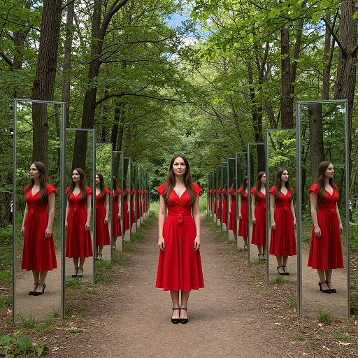 Photograph of a woman in a red dress standing on a forest path, surrounded by mirrored frames reflecting her image, creating a symmetrical illusion. Green
