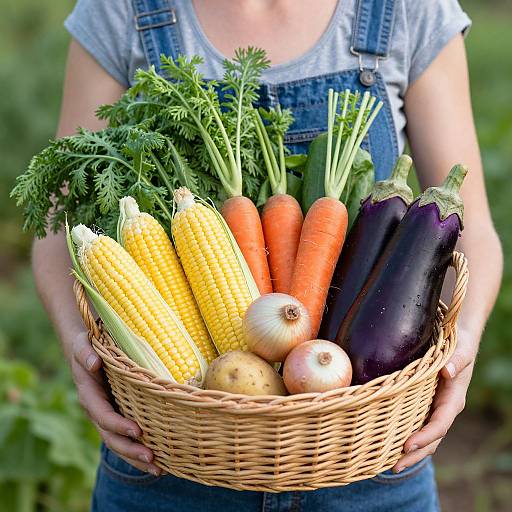 Photograph of a person in denim overalls, holding a wicker basket filled with vibrant corn, carrots, eggplants, and onions, against a