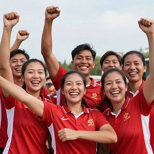 Photograph of six smiling Asian athletes in red sports uniforms with white stripes, raising fists in celebration outdoors.