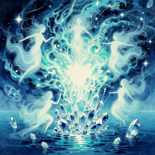 Digital artwork of ethereal, glowing blue ethereal figures bursting from crystalline water, surrounded by swirling light and starry night sky.