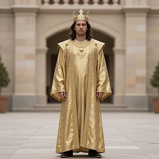 Photograph of a long-haired man with a golden crown and ornate gold robe standing in front of a stone building.