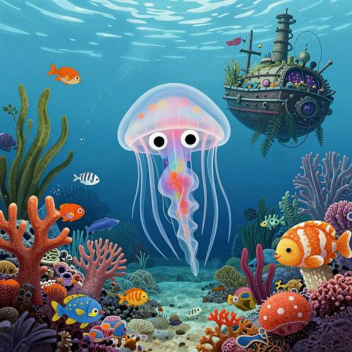 Colorful underwater scene: jellyfish with large eyes, vibrant fish, coral, and a steampunk submarine. Digital illustration with bright, whimsical