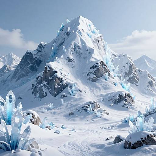 Photorealistic digital artwork of a snow-covered mountain peak with glowing blue ice crystals scattered across the white landscape under a bright, clear sky.