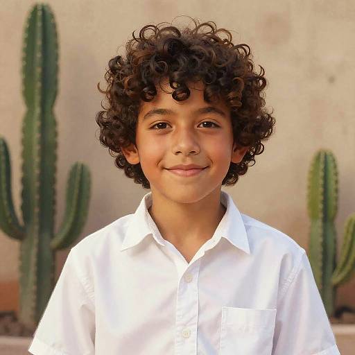 Photograph of a smiling young boy with curly brown hair, light brown skin, wearing a white button-up shirt, standing in front of tall cact