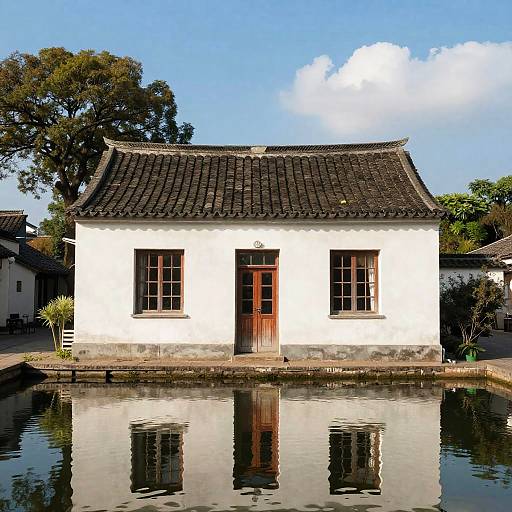 Traditional House with Reflective Water
