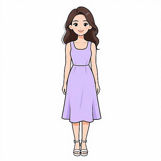 Digital anime-style drawing of a smiling young woman with long brown hair, wearing a sleeveless lilac dress and white sandals.