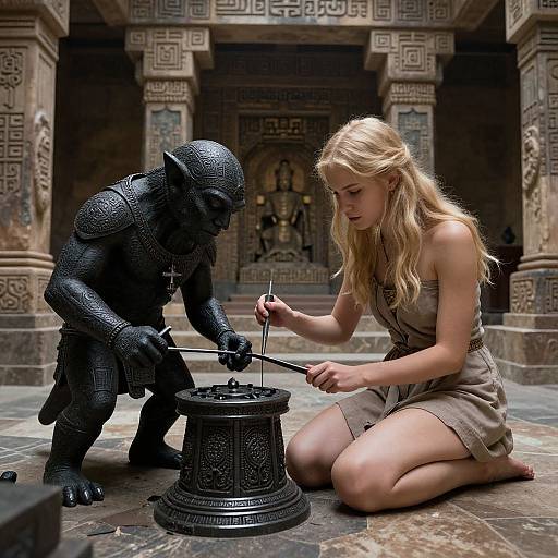 Photograph of a blonde woman in a beige dress, kneeling and blacksmithing a small goblin statue in an ancient, ornate temple.