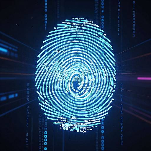Digital CGI image of a glowing blue fingerprint with neon lines and binary code on a dark blue, tech-themed background.