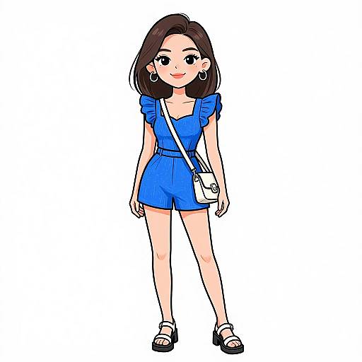Digital anime-style drawing of a smiling young woman with brown hair, wearing a blue romper, white shoulder bag, and black sandals.