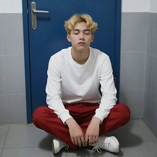 Crouched Youth in Dimly Lit Room