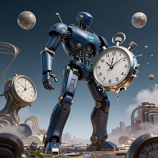 Digital art: Blue, futuristic robot holding a large clock face, surrounded by floating clocks and spheres, under a blue sky with cityscape.