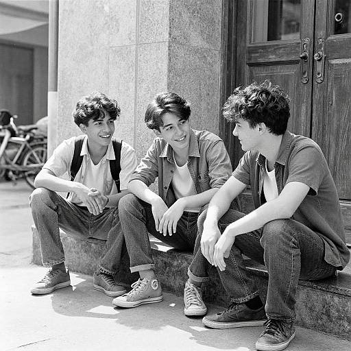 Black-and-white photograph of three young men with curly hair, casual clothes, and backpacks, sitting and laughing outdoors by a building.