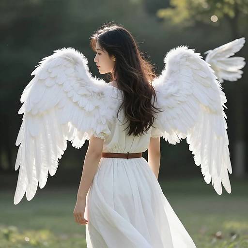 Photograph of a woman with long dark hair, white angel wings, and white dress, standing in a sunlit forest.