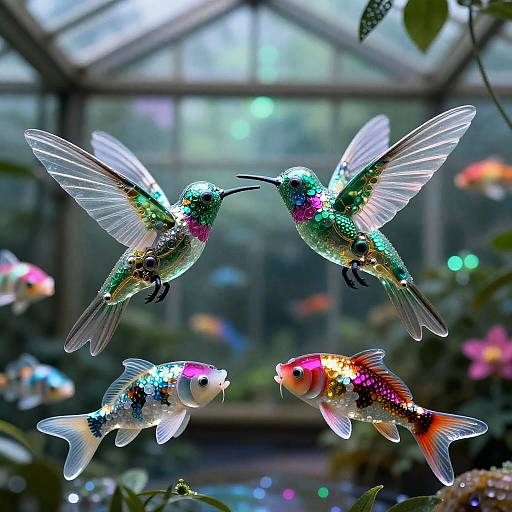 Mechanical Glass Hummingbird and Koi in Bioluminescent Greenhouse
