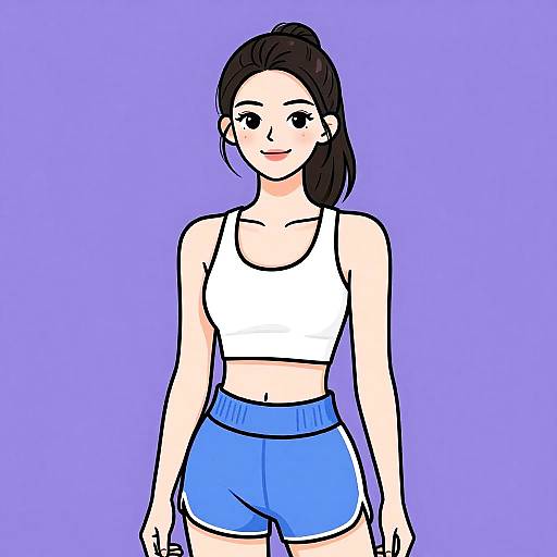 Digital cartoon of a smiling woman with fair skin, black hair in a ponytail, wearing a white tank top and blue shorts, against a solid purple