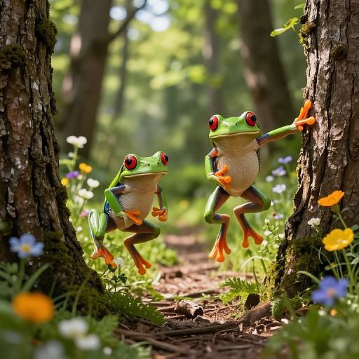 Photograph of two vibrant green tree frogs with red eyes and orange legs, leaping between forest trees along a sunlit path, surrounded by colorful wild