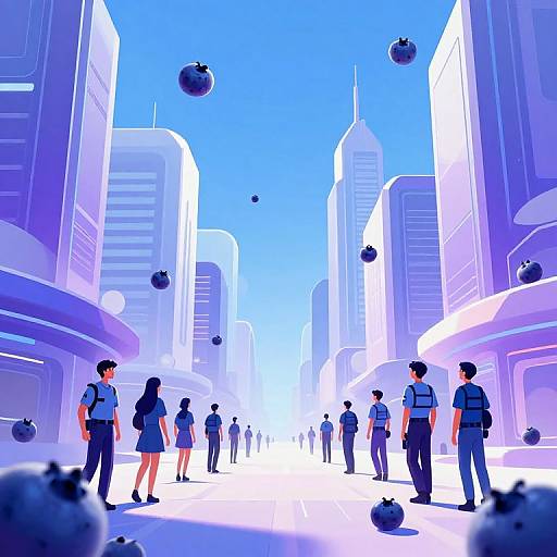 Digital illustration of a futuristic city street with blue-lit skyscrapers, floating black orbs, and uniformed people standing and walking.