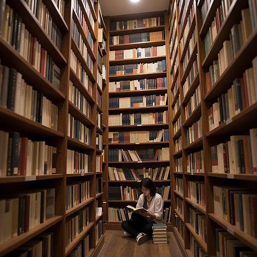 Photograph of a young Asian woman with black hair, wearing a white shirt and black pants, sitting between tall wooden bookshelves filled with colorful books