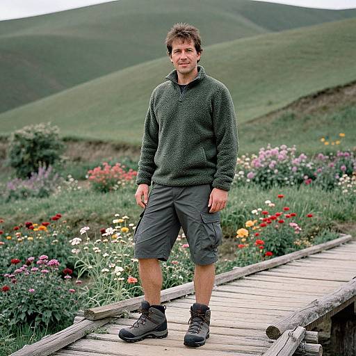 Photograph of a smiling, medium-build man with short brown hair, wearing a green sweater, black cargo shorts, and black boots, standing on a