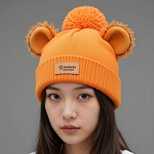 Photograph of an Asian woman with fair skin wearing an orange knit beanie with bear ears and a pom-pom, labeled 