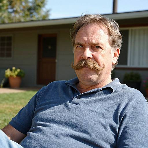 Photograph of middle-aged man with brown mustache, wearing blue polo shirt, sitting outdoors in front of suburban house. Bright sunlight.