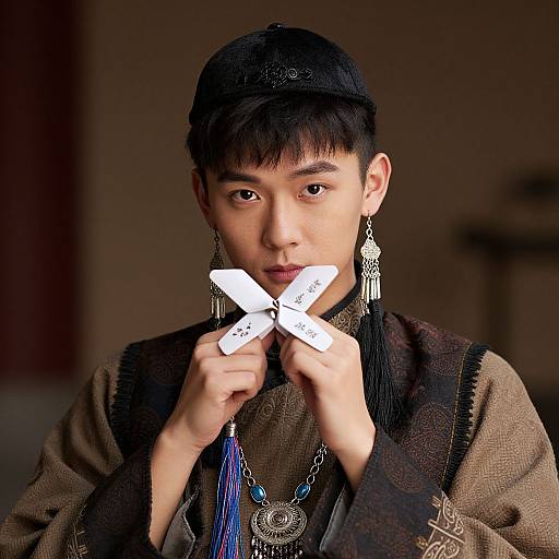 Photograph of an Asian man with black hair, wearing a black cap, traditional brown jacket, and ornate jewelry, holding white paper fans in front
