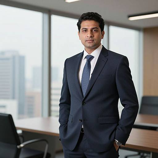 Photograph of a serious-looking Indian man with short black hair, wearing a dark navy suit, white shirt, and blue patterned tie, standing in