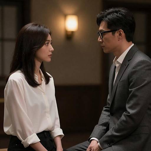 Photograph of a serious Asian man in a gray suit and black glasses facing an Asian woman with black hair in a white blouse, seated in a dim