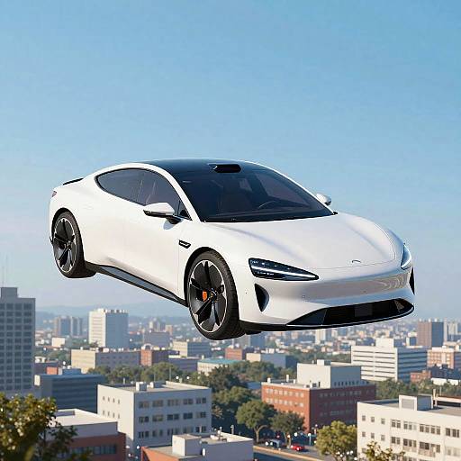 Futuristic White Flying Car Over City