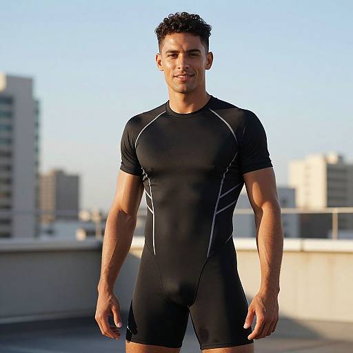 Photograph of a muscular, dark-haired man in a tight, black, short-sleeve cycling suit, standing on a sunlit rooftop with city