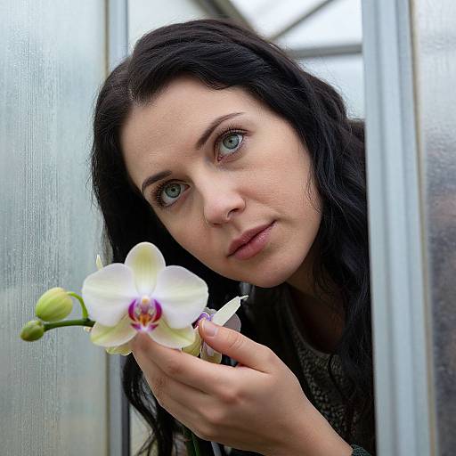 Photograph of a fair-skinned woman with long black hair, blue eyes, and subtle makeup, holding a white orchid with purple center, pe