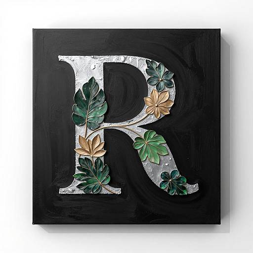 Silver Letter R with Floral Leaves on Black Canvas