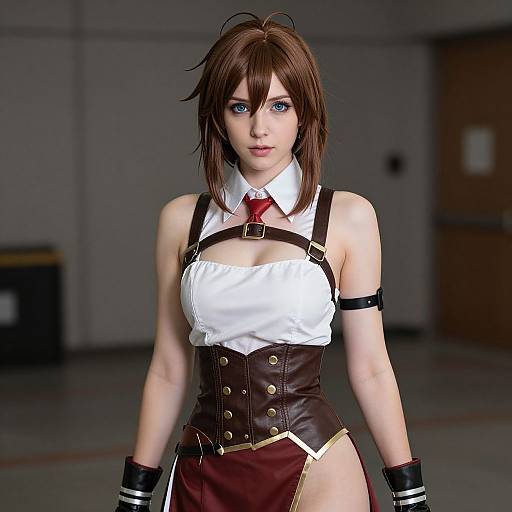 CGI anime-style woman with brown hair, blue eyes, white shirt, brown leather harness, corset, red tie, black arm strap, gloves