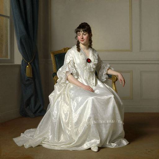 Photograph of a fair-skinned woman with dark hair in an 18th-century style white satin gown and red rose, seated on a gold-fr