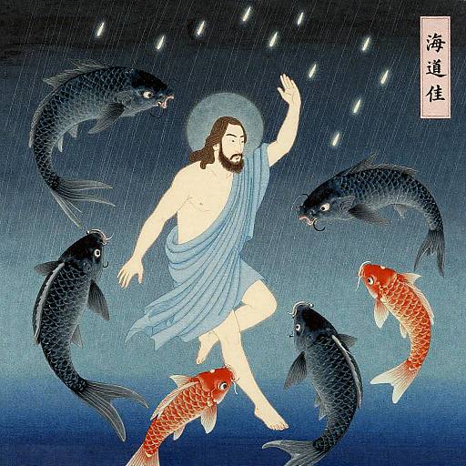 Ukiyo-e Style Jesus with Koi Fish and Meteor Shower