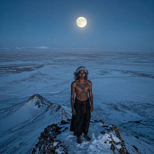 Photograph of a shirtless, tattooed man with long gray hair standing on snowy mountain peak under full moon, vast icy landscape behind.