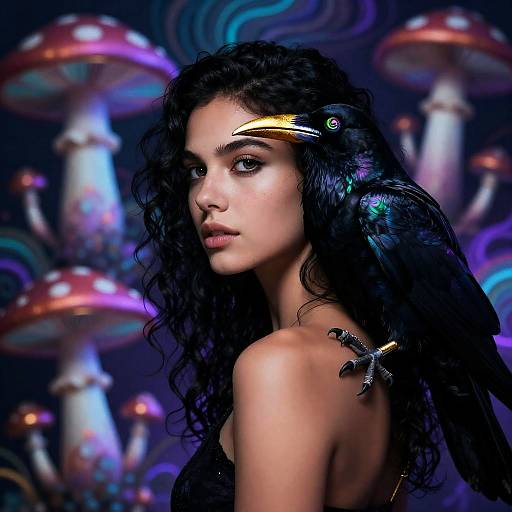 Girl with Raven on Shoulder in Psychedelic Setting