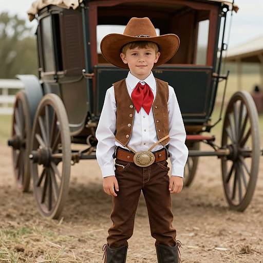 Photograph of a young boy in a brown cowboy hat, white shirt, red bow tie, brown vest, and pants, standing in front of an