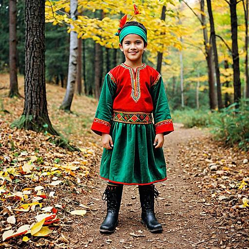 Boy in Traditional Costume in Autumn Forest