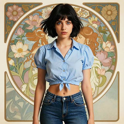 Photograph of a young woman with short black hair, blue button-up shirt tied at the waist, and blue jeans, standing in front of an Art