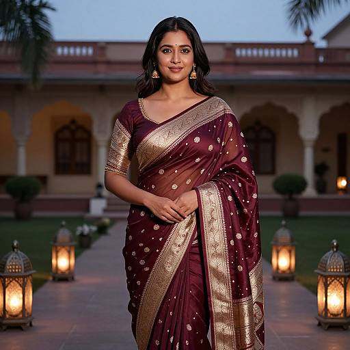 Photograph of an Indian woman with medium brown skin, black hair, in a maroon and gold embroidered saree, standing on a lit pathway in