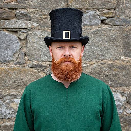 Photograph of a fair-skinned man with a red beard and mustache, wearing a black top hat with a silver buckle, and a green t