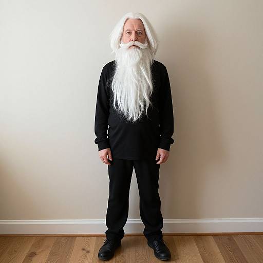 Photograph of an elderly man with long, white beard and hair, wearing all-black clothing, standing against a plain white wall on wooden floor.