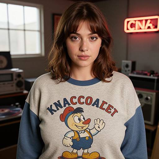 Photograph of a young woman with fair skin, brown wavy hair, wearing a 